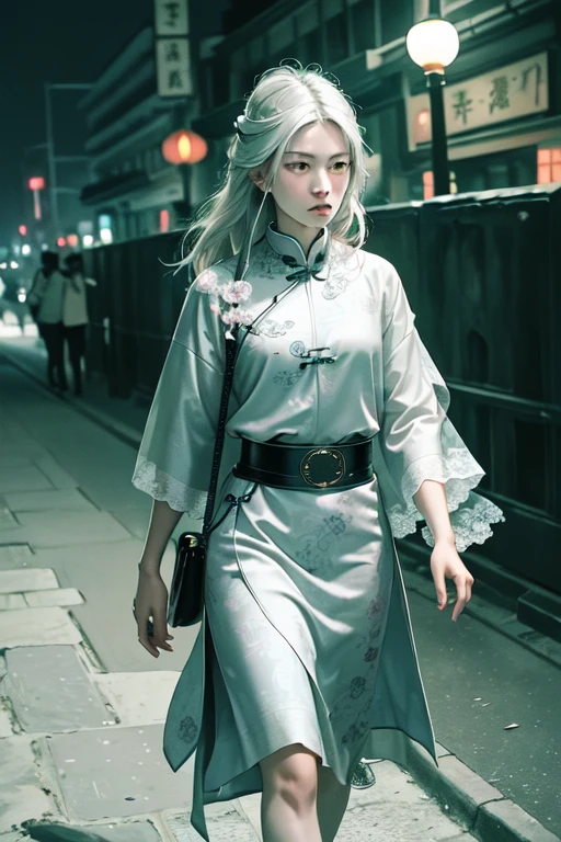 Masterpiece, Best quality, a night, Full moon, 1 girl, Grown woman, Chinese style, Ancient China, Sister, Royal Sister, cold expression, Expressionless face, Silver white long-haired woman, Light pink lips, calm, thinker, Three belts, Gray pupils, murderer, Short knife, Flower ball background, Strolling through the street scene