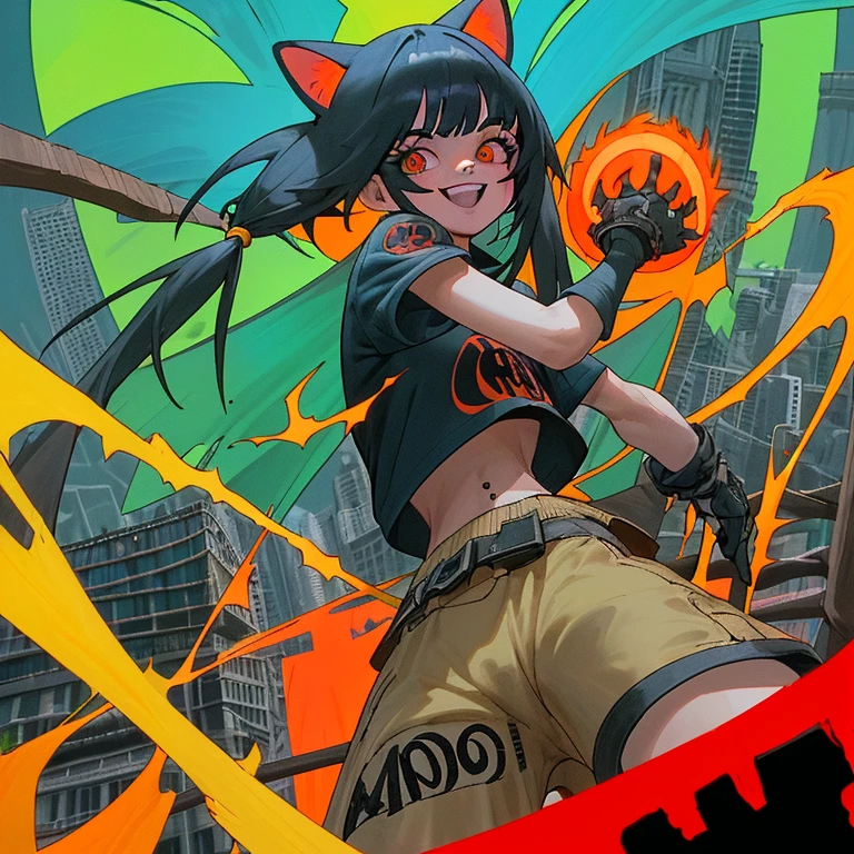Chica gato, cabello largo,rojo, ojos verdes, ropa ciberpunk de color azul y blanco, con fuego en las manos, sonriendo mostrando los dientes, en una ciudad