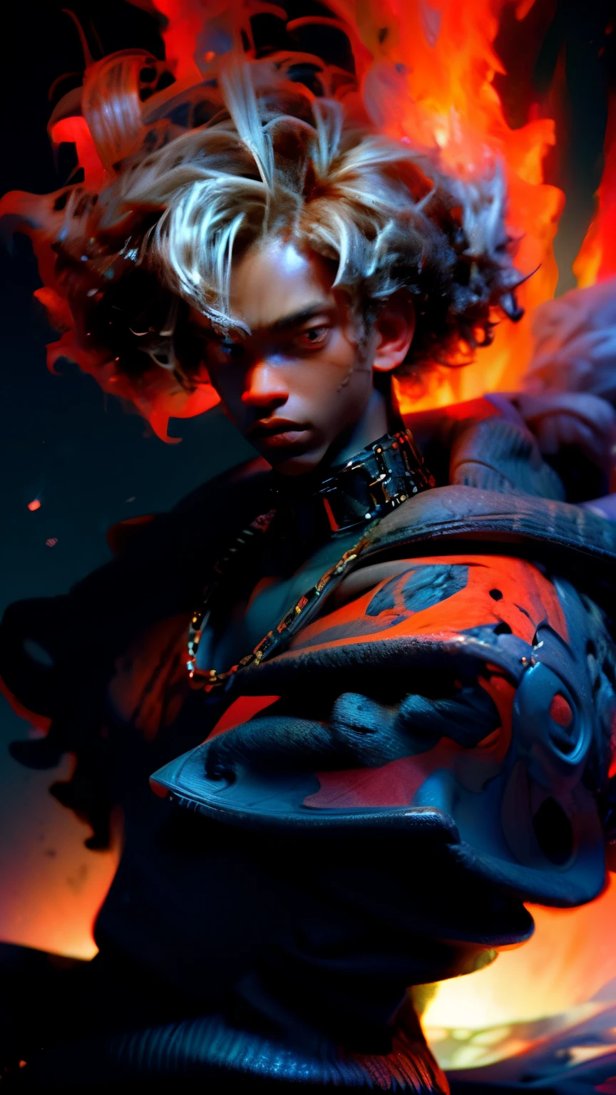 a close up of a person with a black face, Afro American man, black twisted Afro, black hair, muscular, God, Face resembling Rhea Ripley, warrior energy, black long sleeve shirt with silver embroidered typography on sleeve, Crimson Red Flame Aura, Nebular Diamond link chain draped around neck, anime art wallpaper 4 k, high resolution, beast form,anime art, black man, glowing eyes, muscular,badass anime 8 k, anime epic artwork, 4 k manga wallpaper, ultra hd anime wallpaper