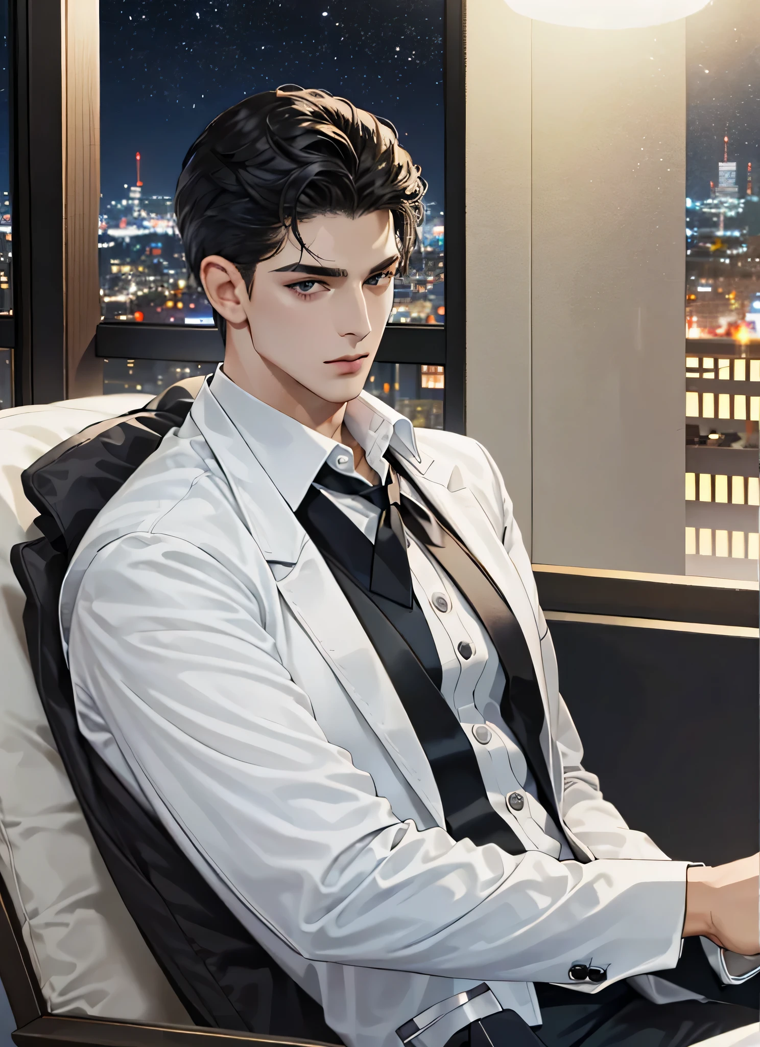 masterpiece, Excellent, Best quality，(A man with short black hair, 28 years old，lawyer，White shirt, black tie, Handsome, Cold),Inside the luxurious office，Sitting in a chair and looking at work，side，Upper body，Photographic lenses，in the background a view of the city well lit at night，Dramatic lighting，8k，illustration，（Cant see hands）