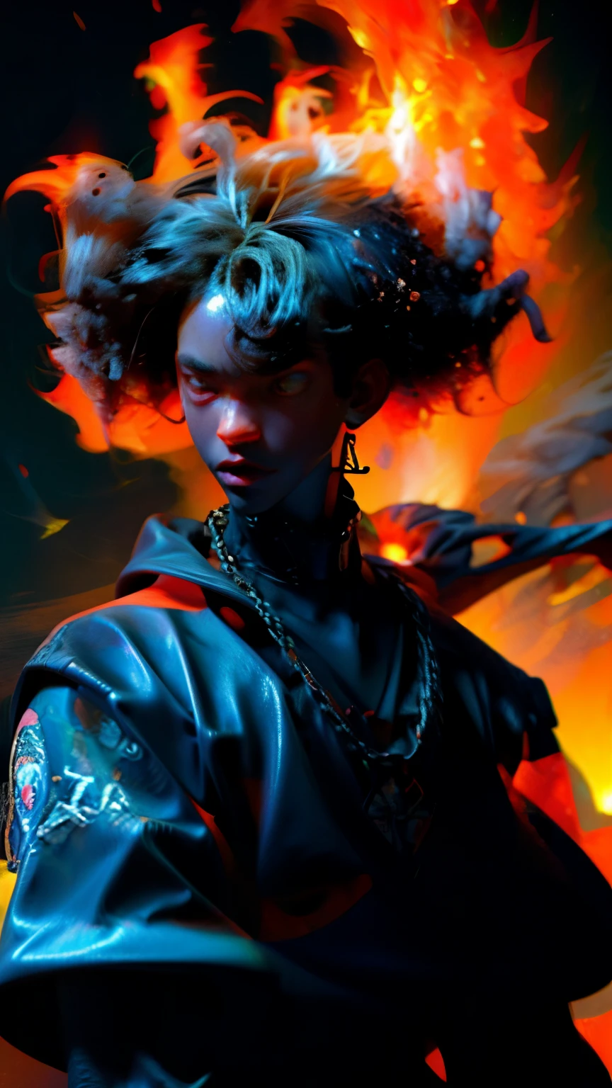 a close up of a person with a black face, Afro American man, black twisted Afro, black hair, muscular, God, Face resembling Rhea Ripley, warrior energy, black long sleeve shirt with silver embroidered typography on sleeve, Crimson Red Flame Aura, Nebular Diamond link chain draped around neck, anime art wallpaper 4 k, high resolution, beast form,anime art, black man, glowing eyes, muscular,badass anime 8 k, anime epic artwork, 4 k manga wallpaper, ultra hd anime wallpaper
