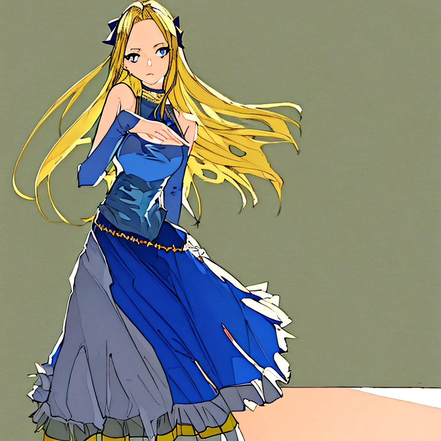 Blonde girl in a blue dress with strap sleeves and long skirt
