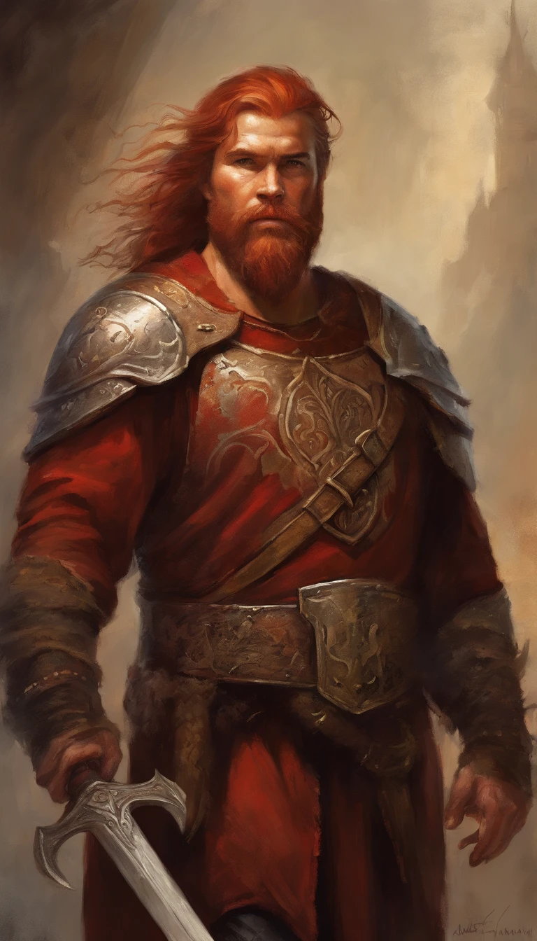 red-haired war giant with a dark brown suit and a giant big sword., Personaje muy detallado, guerrero vikingo, epic viking king, Ancient Scandinavian epic hero, Hombre musculoso de pelo largo con tatuaje filipino dios de la guerra, model shoot style, (Fondo de pantalla CG de 8k extremadamente detallado), Body photo of the most beautiful work of art in the world., Armadura medieval, Retrato corporal, nimrod, el primer rey de babilonia, cazador X cazador,, macho, majestic professional oil painting by Ed Blinky, Atey Ghailan, estudio ghibli, Dirigido por: Jeremy Mann, Greg Manxadinho, Antonio Moro, tendencia en Artstation, tendencia en la sociedad CG, intrincado, alto detalle, sharp focus, Dramatic, photorealistic painting by Midjourney and Greg Runkowski (((Baja estatura)))