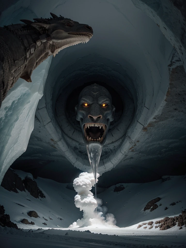 obra de arte, Melhor qualidade, absurdos, antomia perfeita, montanhas de gelo, an ice cave pouring ice smoke, with a dragon in the depths of smoke 