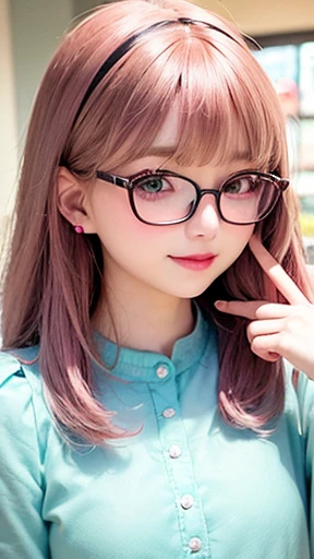 、small face、 (alone:1.5,)Super detailed,明るいcolor, very beautiful detailed anime face and eyes, look straight, shiny_skin,girl, (((虹colorの髪, colorful hair, 半分は白colorの髪、half pink hair: 1.2))), 、shiny hair, delicate beautiful face, blush、Glasses、(turquoise eyes), , Valletta, earrings,、lolita dress、coffee shop、smile、happy face、face dyed red、color々pose、Head to toe full body portrait、(I can see the whole body)