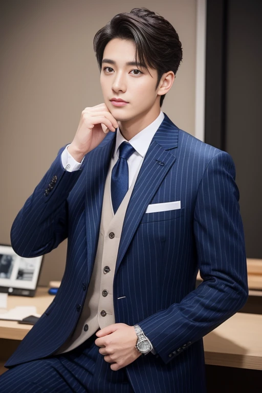 Fresh and handsome 20-year-old new employee、 (Super handsome guy in S-class suit)、 Japanese 20-year-old boy、 merchant、 ultra luxury suit、 striped suit、 office、 Stand up in a suitSyoung handsome man、 striped suit、 office、 Stand up in a suitSyoung handsome man、 striped suit、 (High-detail photos from CG Unity 8K)、 (a very detailedSThe handsome guy in the class)、 (The photos are real)、 ((top quality))、 Super detailed、 (masterpiece)、 Ultra high quality、 High、 gentleman、、 (masterpiece)、 Ultra high quality、 High、 gentleman、very beautiful hair、 short hair、 bright photos、 As handsome as a model、 As handsome as an idol、 luxury watches、