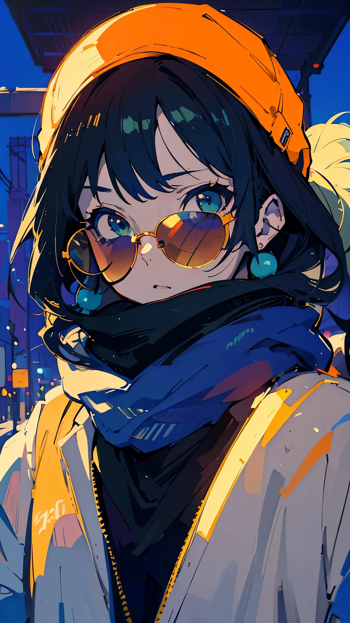 Highest quality,Close up of person wearing scarf and sunglasses, anime atmosphere, guweiz style artwork, (funny expression),style anime, in an anime style, anime aesthetics, anime style, anime style illustration, Lovely art style, green tint, in anime style, anime styled, Sunglasses and scarf, anime art style, Lofi portrait, lofi girl