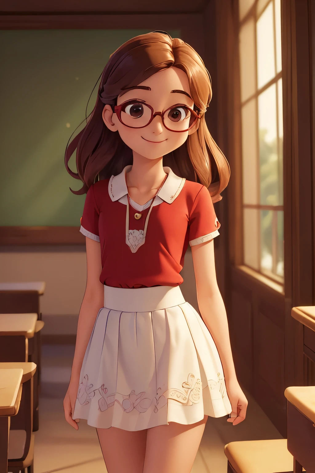 (A small chest:1.3),(Masterpiece, Best quality:1.4), (Beautiful, Aesthetic, Perfect, Delicate, Intricate:1.2),((Best quality)), ((Masterpiece)), (Detailed),(A high resolution:1.2), Classroom, An adult female, Smiling Claudia Chever, Red shirt, White skirt, Glasses, Bend over, angle of view,