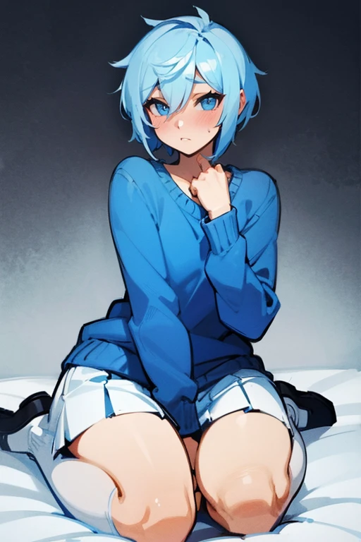 femboy, cute, short blue hair, blue eyes, blue sweater, white skirt, white thigh high socks, blushing, on hands and knees,under skirt