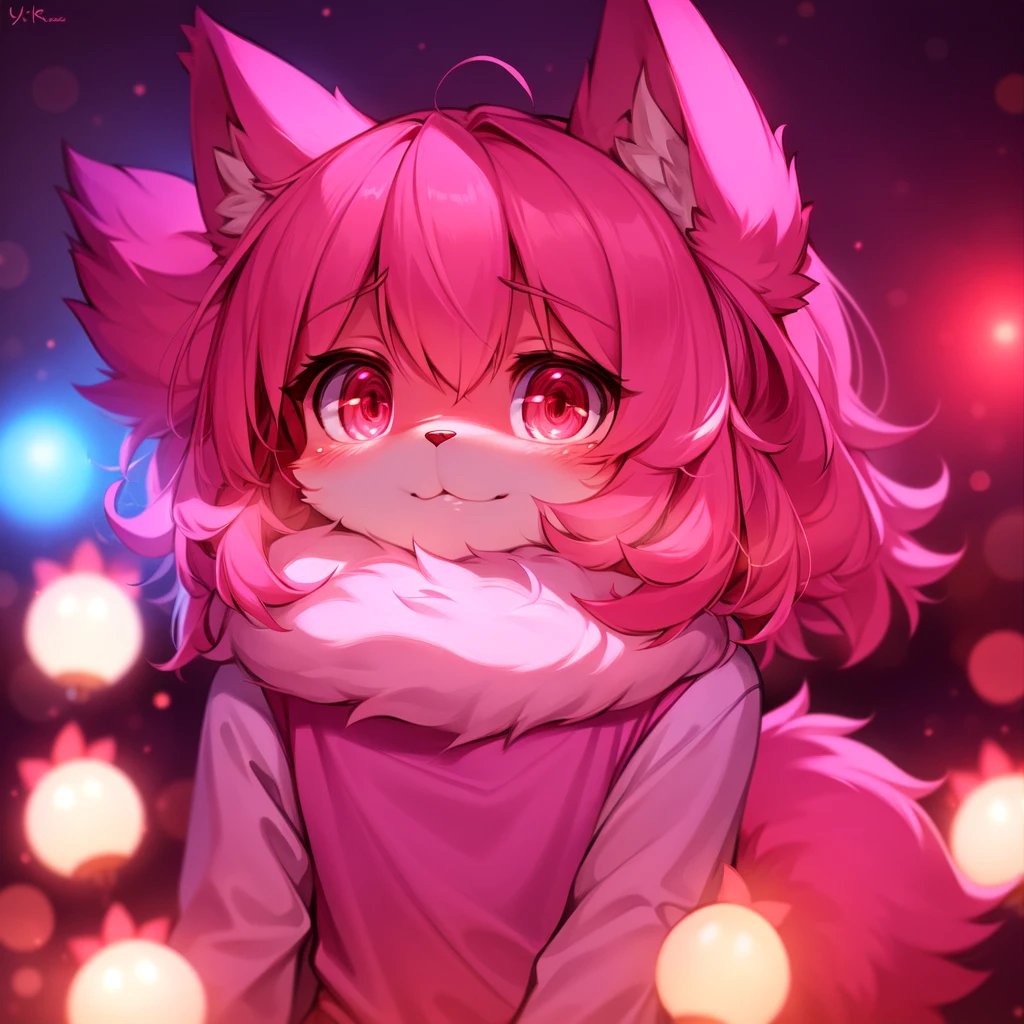 furry, pink fur, ultra cute face, red-pink elements on fur, glowing t-shrt, beautiful lights and shadows, ambient light, ultra detailed fur, soft light