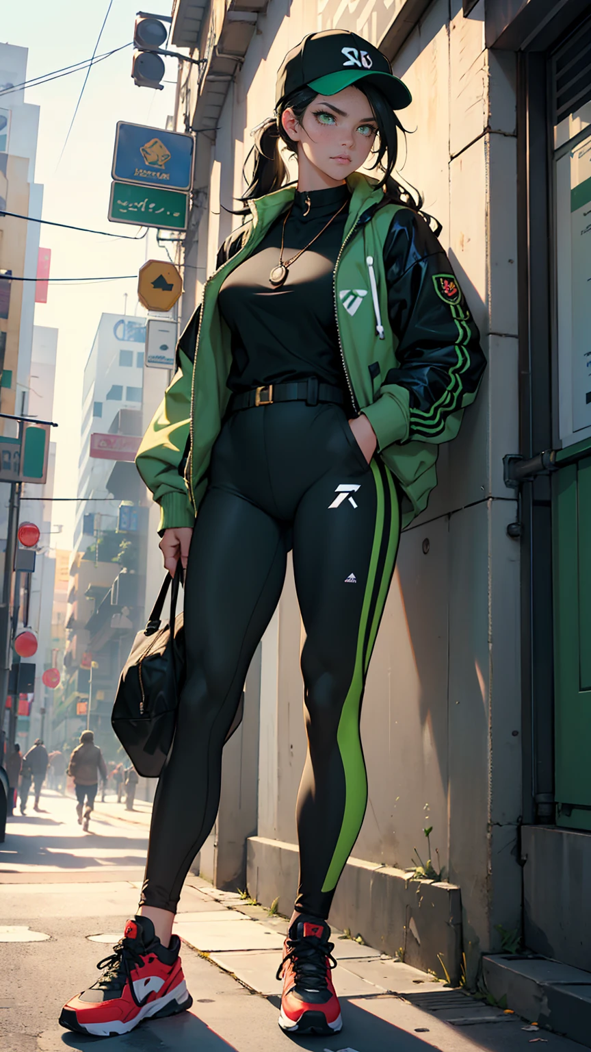 ((masterpiece, Best quality, A high resolution, ultra detailed),(beautiful and aesthetically pleasing:1.2), 1 woman, adult, perfect body, wavy black hair, ((green eyes)), detailed eyes and face, Full body, Street style, evening, street, lanterns, the suit of a gopnik, спортивный костюм с полоской из 90-х, Squat, sneakers on the legs, chew gum, blow a bubble from chewing gum, tall ragged ponytail, can of beer in hand, huge chain around my neck, brass knuckles on hand, gopnik hat