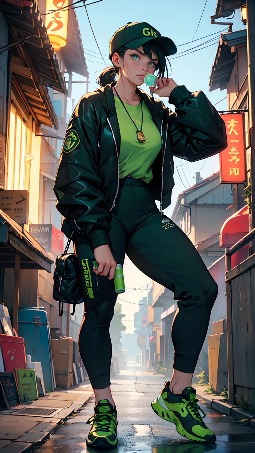 ((masterpiece, Best quality, A high resolution, ultra detailed),(beautiful and aesthetically pleasing:1.2), 1 woman, adult, perfect body, wavy black hair, ((green eyes)), detailed eyes and face, Full body, Street style, evening, street, lanterns, the suit of a gopnik, спортивный костюм с полоской из 90-х, Squat, sneakers on the legs, chew gum, blow a bubble from chewing gum, tall ragged ponytail, can of beer in hand, huge chain around my neck, brass knuckles on hand, gopnik hat