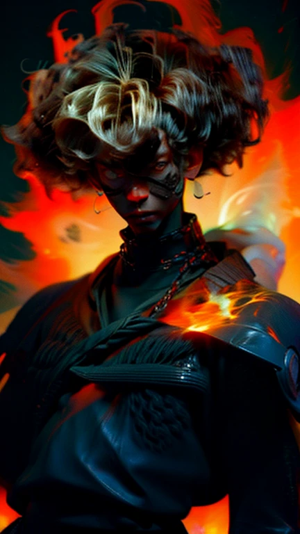 a close up of a person with a black face, Afro American man, black twisted Afro, black hair, muscular, God, Face resembling Rhea Ripley, warrior energy, black long sleeve shirt with silver embroidered typography on sleeve, Crimson Red Flame Aura, Nebular Diamond link chain draped around neck, anime art wallpaper 4 k, high resolution, beast form,anime art, black man, glowing eyes, muscular,badass anime 8 k, anime epic artwork, 4 k manga wallpaper, ultra hd anime wallpaper