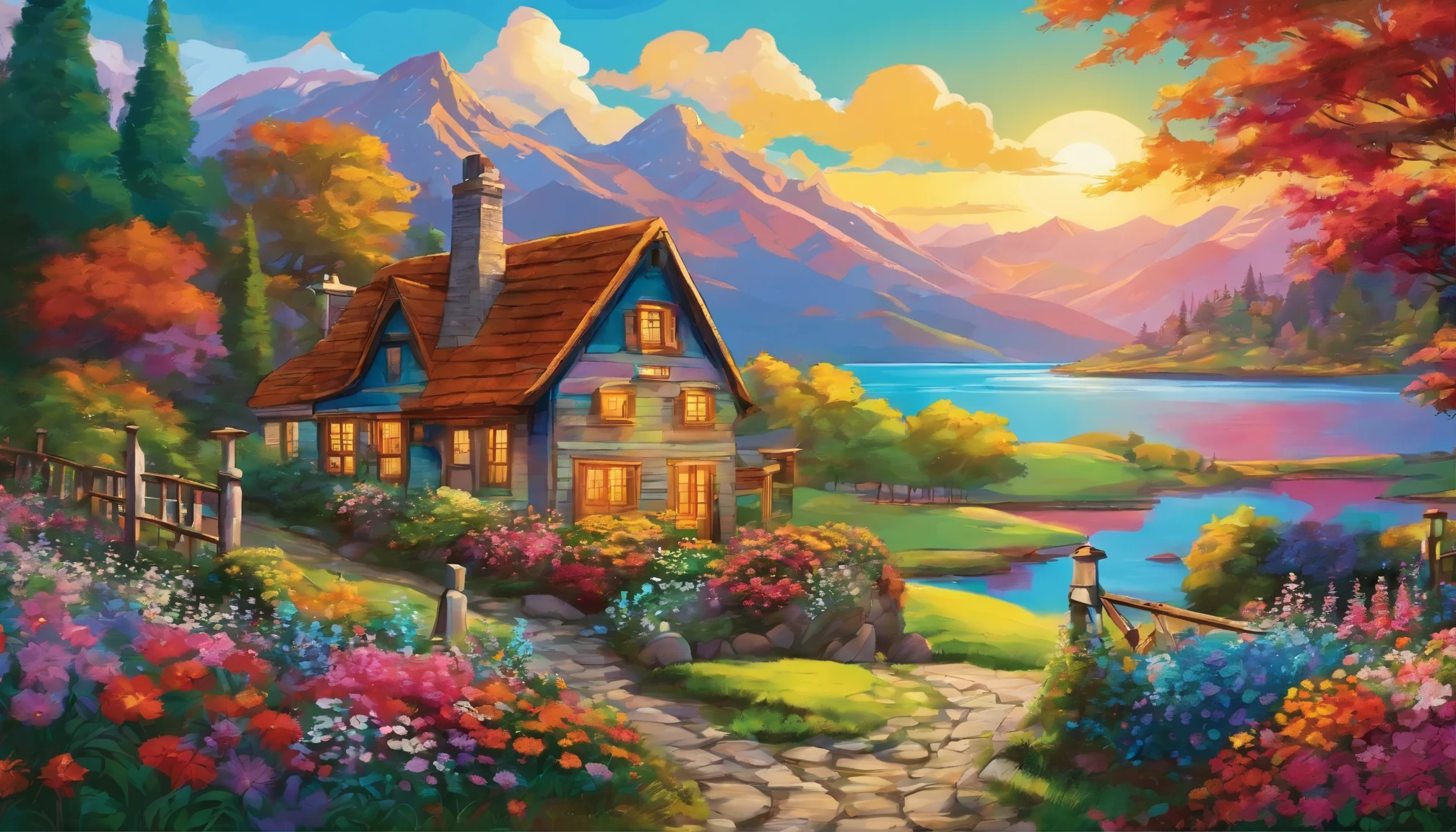 painting of a cottage, flowers beside of fence, fence along the road,  mountain landscape with a lake and a boat, illustration matte painting,  inspired by Thomas Kinkade, symmetric matte painting, detailed scenery , style raw, 8 k ultra detailed