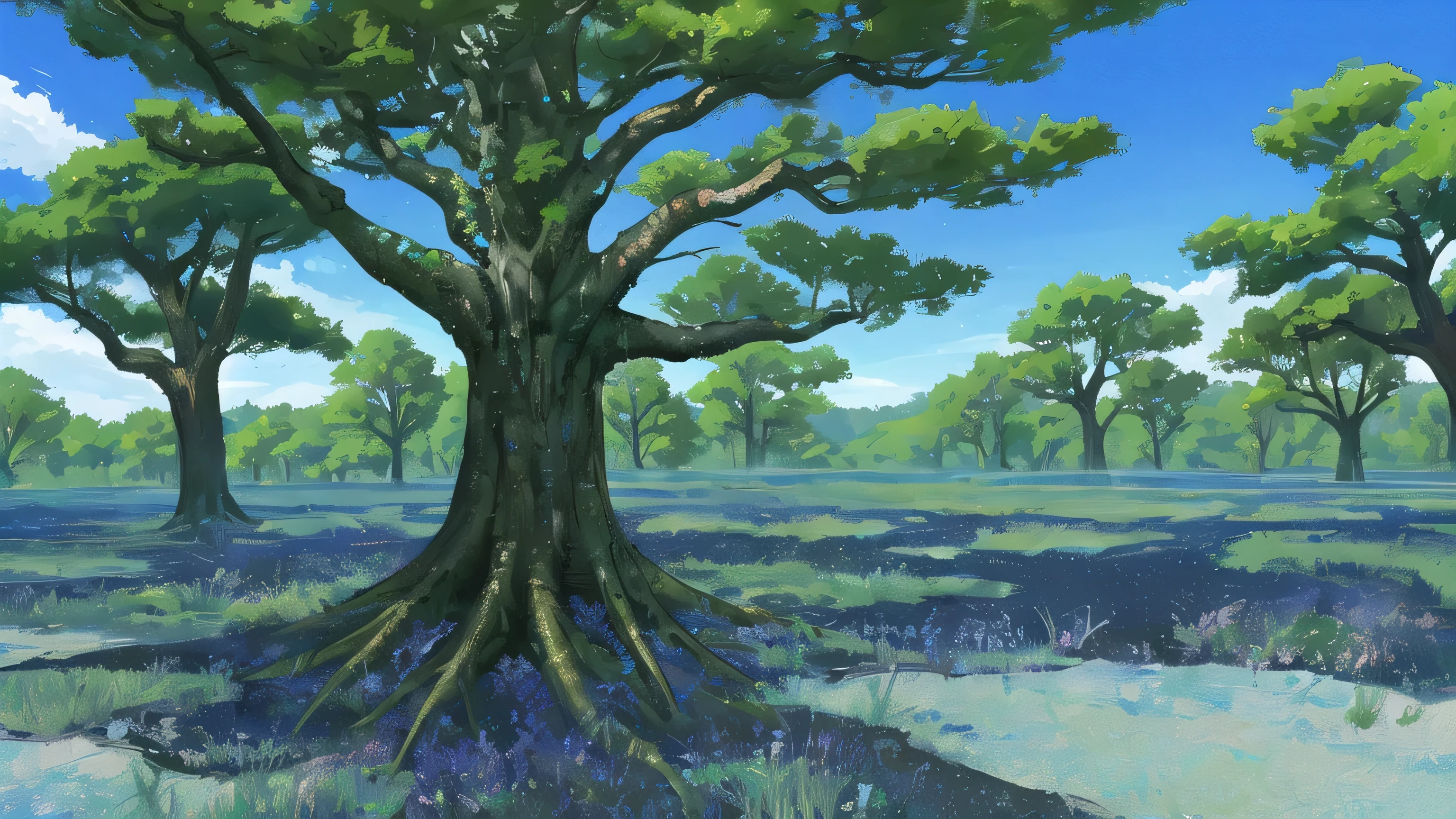 Highly saturated blue sky、Big trees、anime