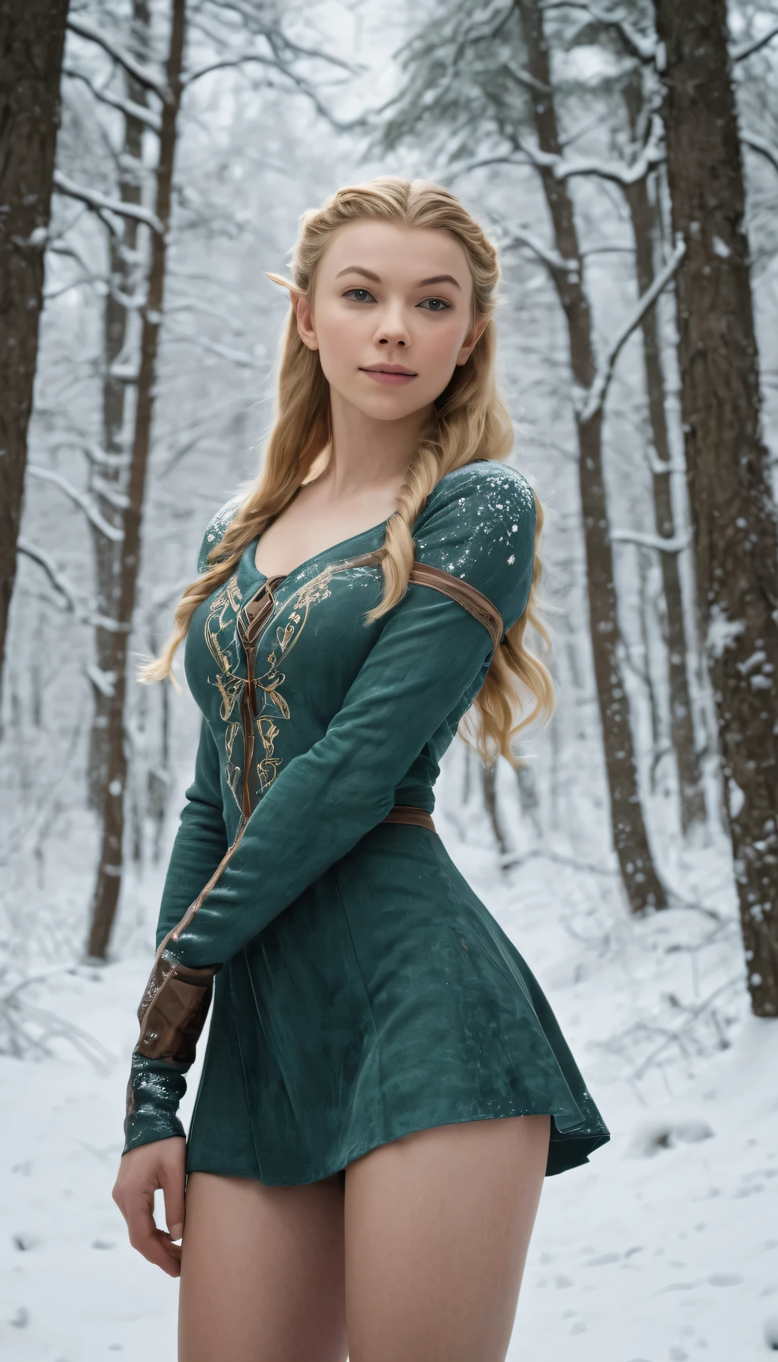 An illustrated movie poster, hand-drawn, full color, a teenage elven girl, wearing corduroy mini-dress, resembles Natalie Dormer, sun-tanned complexion, very tall, athletic body, hourglass figure, curvy, toned midriff, bottom-heavy, generous hips, massive bubble-butt, long legs, ridiculously thick powerful thighs, long pointy elf ears, blonde hair, long loose waves, posing in a snowy boreal forest, hard shadows, graphite shading, stencil marks, airbrushed acrylic paint, masterpiece, in the style of Skyrim