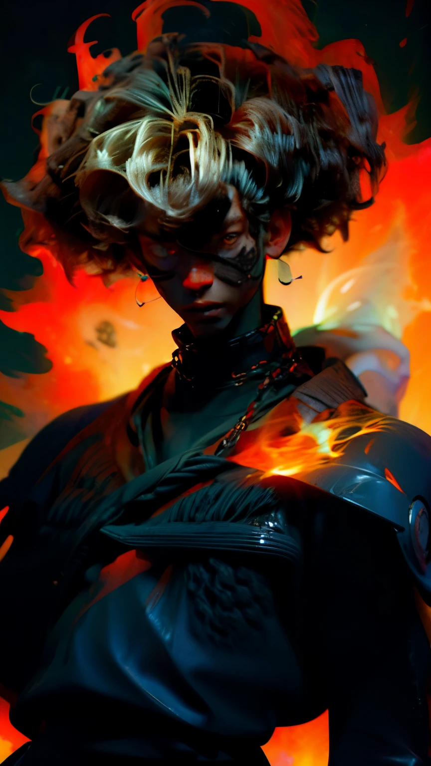 a close up of a person with a black face, Afro American man, black twisted Afro, black hair, muscular, God, Face resembling Rhea Ripley, warrior energy, black long sleeve shirt with silver embroidered typography on sleeve, Crimson Red Flame Aura, Nebular Diamond link chain draped around neck, anime art wallpaper 4 k, high resolution, beast form,anime art, black man, glowing eyes, muscular,badass anime 8 k, anime epic artwork, 4 k manga wallpaper, ultra hd anime wallpaper
