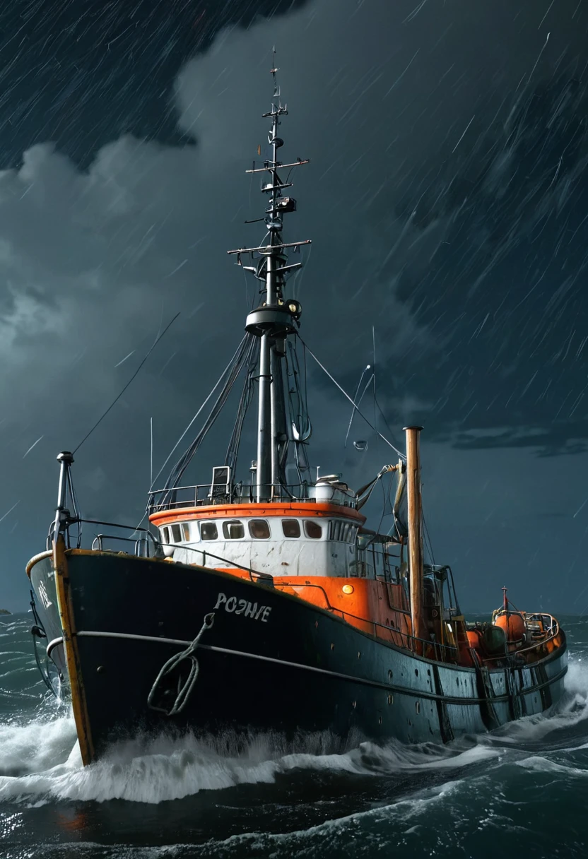 realistic, 8K at sea a trawler in rough sea Popeye and olive stormy, gales, windy at night thunder flashes