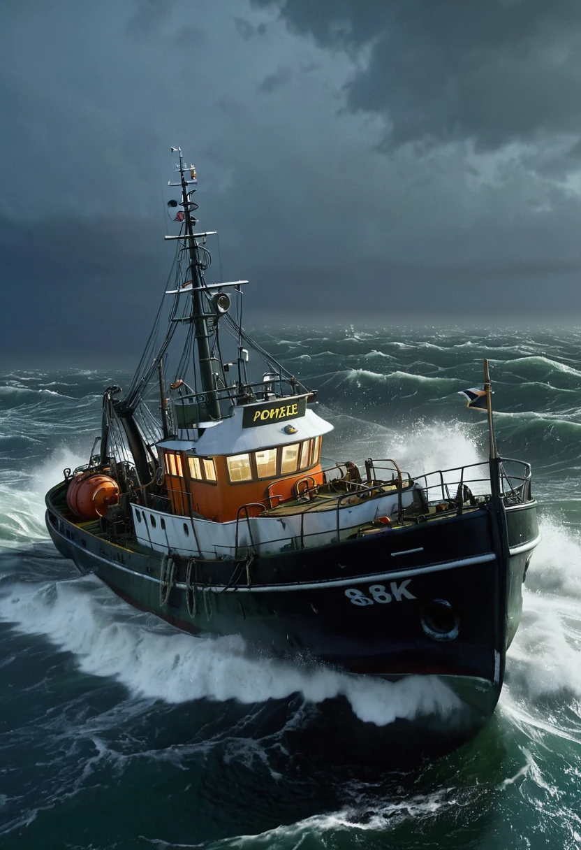 realistic, 8K at sea a trawler in rough sea Popeye and olive stormy, gales, windy at night thunder flashes