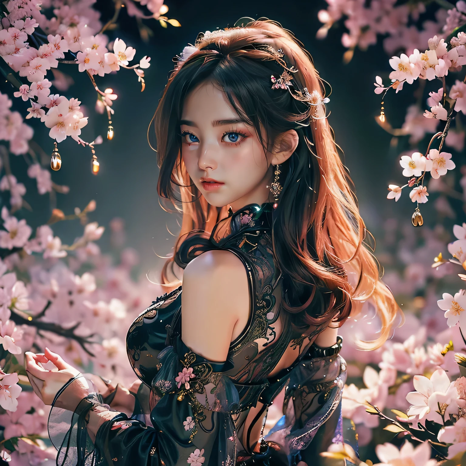 Beautifull young lady oriental,upper body shot,in very fantasical atmosphere, back Ground very Beautiful a lot of cherry blossom and Stream, mysterious lights, intricate details, extremely detailed, incredible details