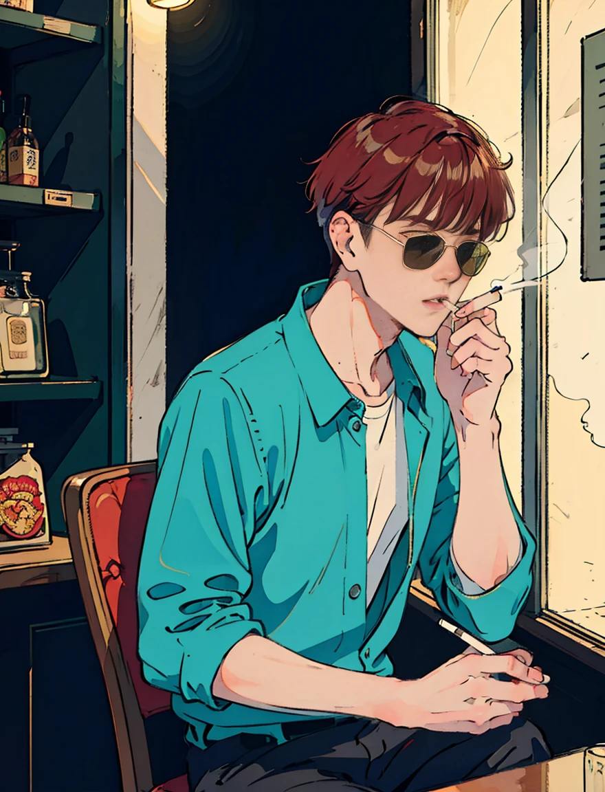 Handsome and handsome redhead Asian boy sitting in a cafe at night, visible from the window, perfect face, sunglasses, Smoking white Taylormade cigarettes, neon black, (with backlight: 1.1), hard shadow, masterpiece, highest quality, Complex, model shooting style, vintage, film grain, incomplete details