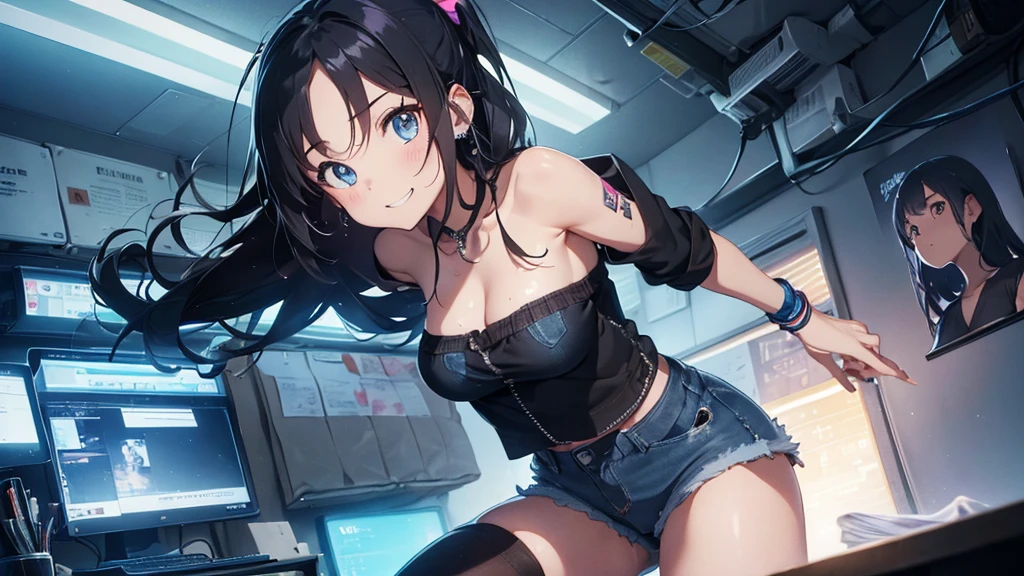 (hetero couple:2), (cityscape:1.5), (NSFW, topless bare small middle boobies, uncensored bare pussy:1.6), (Face of love, I'm so happy:1.5), (cyborg girl:1.5), low teen, dynamic angle, stylish free pose, (headphone, mechanical fuselage, mechanical clothing), looking at the viewer, (hime cut, long hair:1.5), (blue mini skirt:1.5), plastic corset, Beautiful light effect, glowing skin, (removable long sleeves, very wide sleeve:1.5), (caution decal, corporate logotype:1.2), (small open mouth:1),