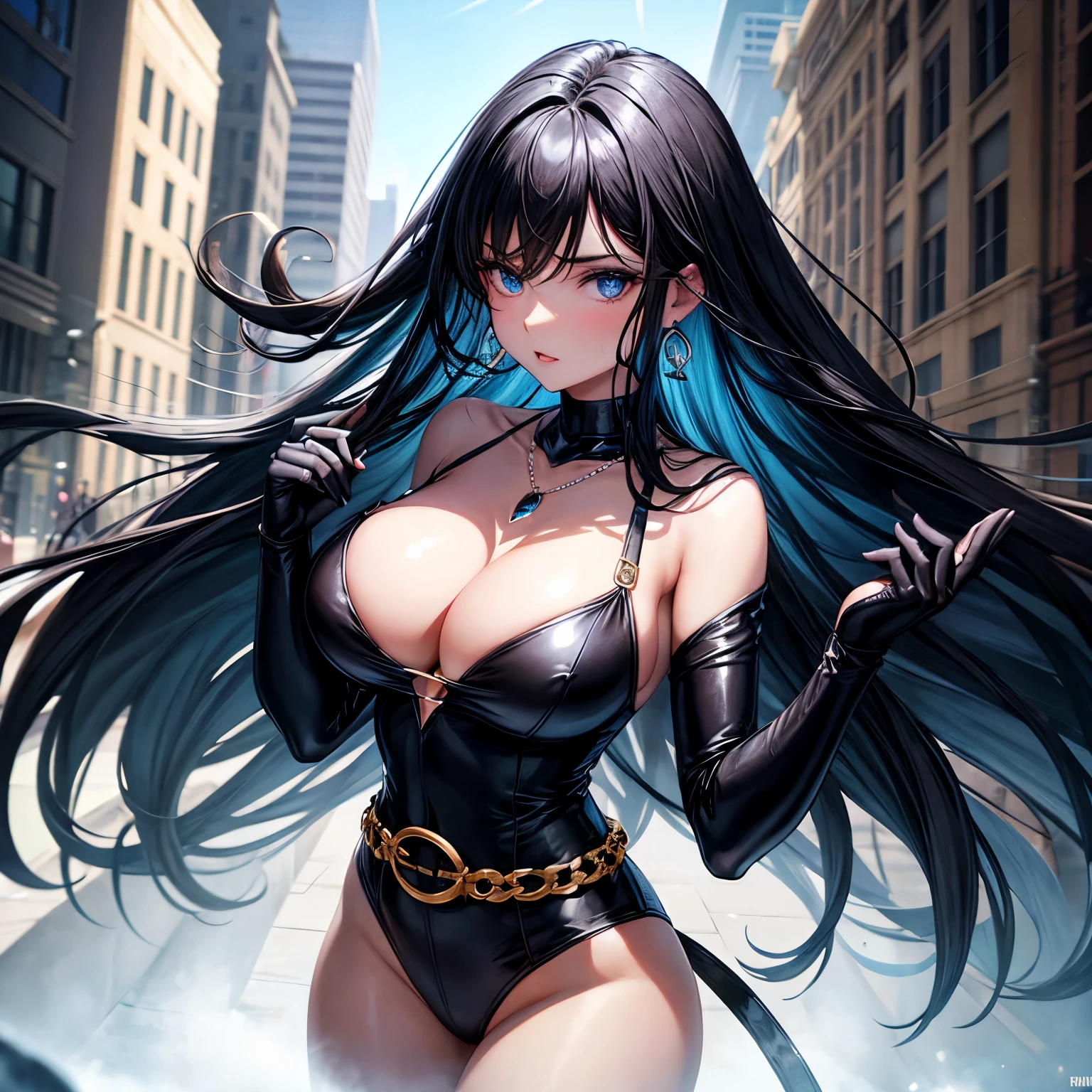 Black full bodysuit, cleavage, large breasts, black hair, blue eyes, sapphire necklace and earrings, belt.
