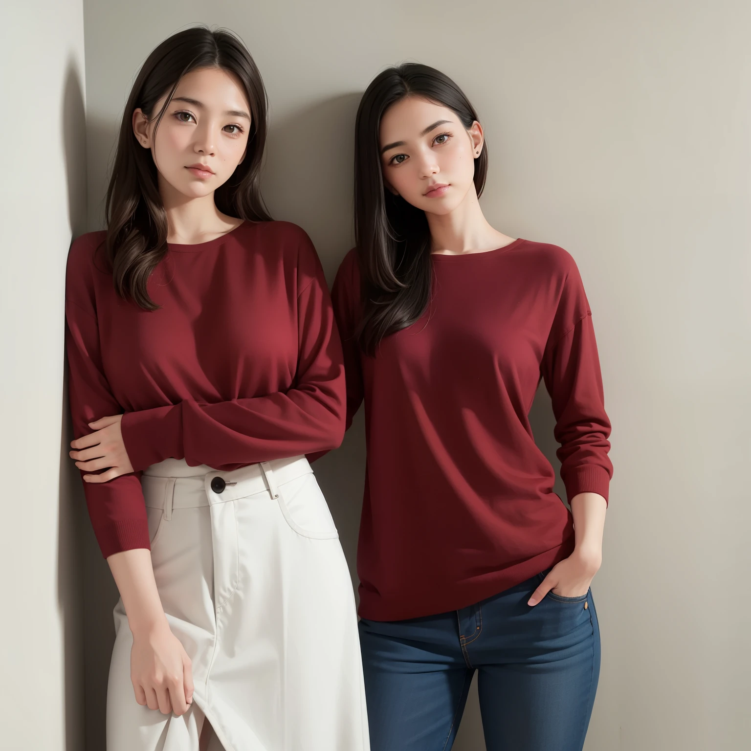 1 female,arm in arm,standing against the wall,house clothes,relaxed look,The head is tilted slightly to the right