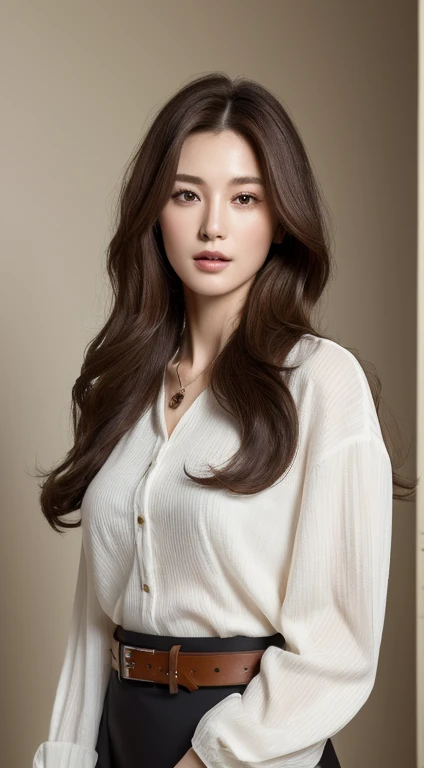 (best quality, High resolution, masterpiece :1.3), a tall and beautiful woman, slim abs, Dark brown hair styled in loose waves, breast, Wear a pendant, white button shirt, belt, black skirt, (modern architecture background), Detailed rendering of facial and skin textures, delicate eyes, double eyelids
