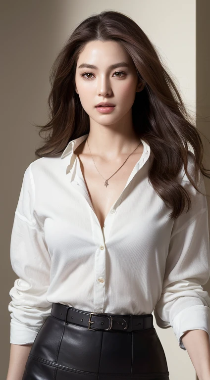 (best quality, High resolution, masterpiece :1.3), a tall and beautiful woman, slim abs, Dark brown hair styled in loose waves, breast, Wear a pendant, white button shirt, belt, black skirt, (modern architecture background), Detailed rendering of facial and skin textures, delicate eyes, double eyelids