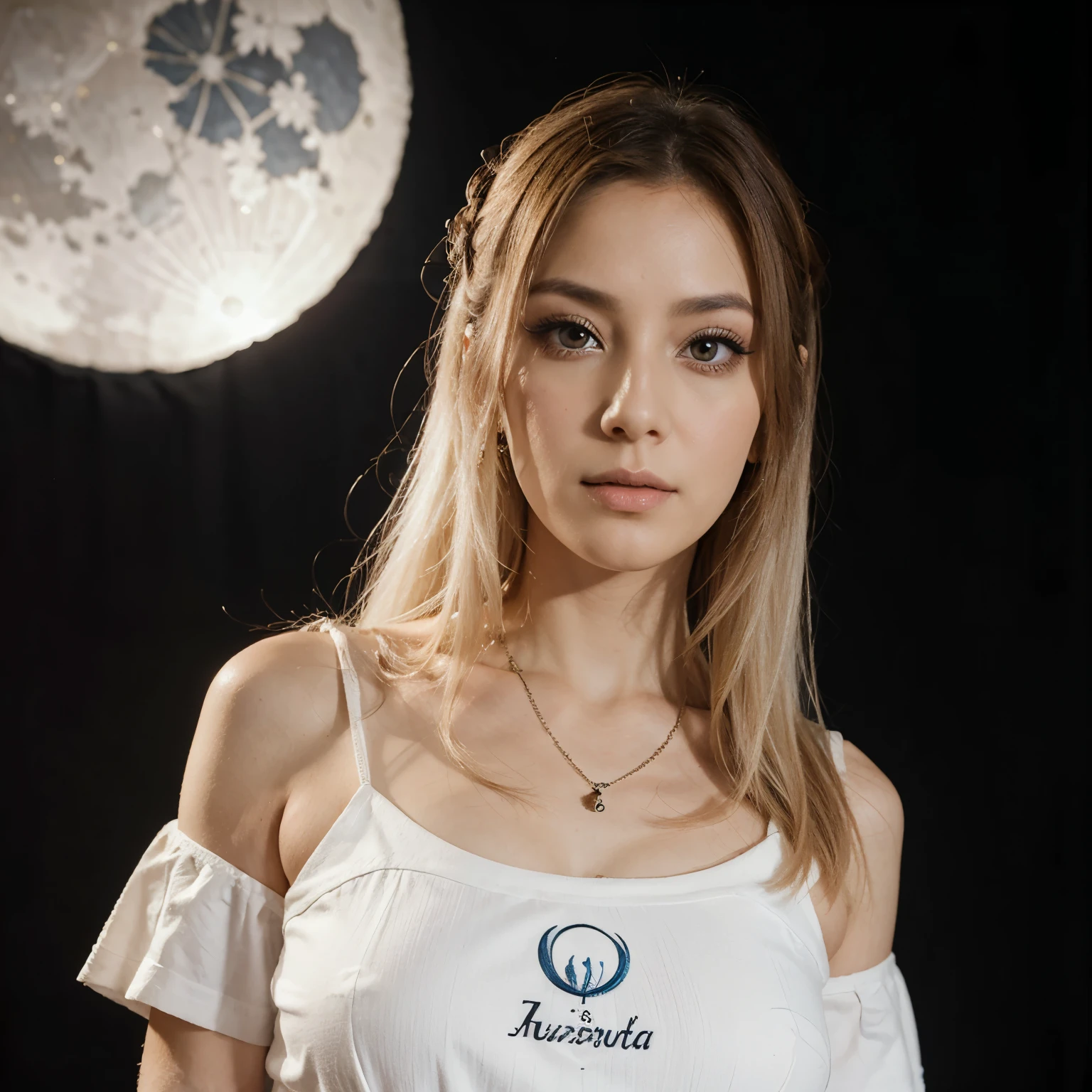 Retrato de Emperatriz de Pelo Blanco con una venda en los ojos,un vestido blanco con el logo de una luna y el nombre de Dumiko Otsutsuki