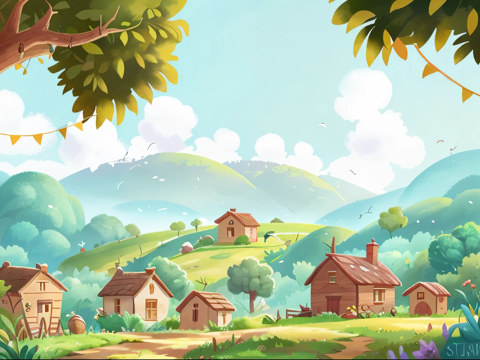 Creates an exciting illustration of a dirt road in the foreground in a picturesque rural scene with crops and a lonely small house in the background. Presencia tranquilizadora. Cercos de colinas ondulantes, estilo 3D PIXAR DISNEY y detallado de Beatrix Potter