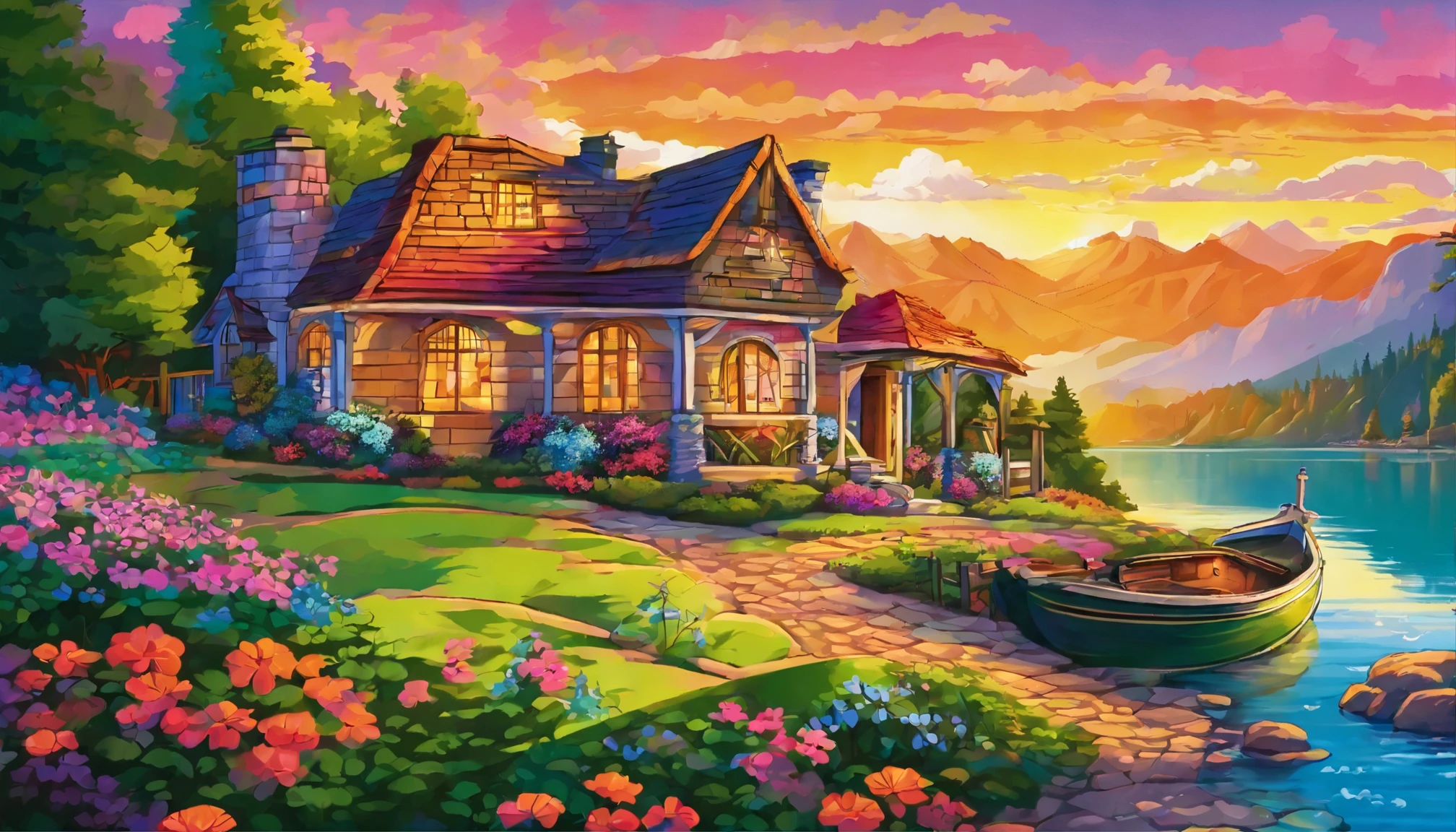 painting of a cottage, flowers beside of fence, fence along the road,  mountain landscape with a lake and a boat, illustration matte painting,  inspired by Thomas Kinkade, symmetric matte painting, detailed scenery , style raw, 8 k ultra detailed