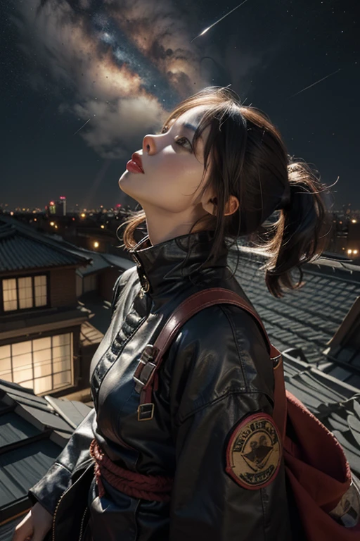Digital art, 4k, hyper-realistic, urban samurai female on a roof top looking up to space
