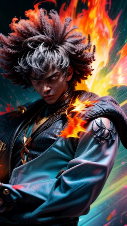 a close up of a person with a black face, Afro American man, black twisted Afro, black hair, muscular, God, Face resembling Rhea Ripley, warrior energy, black long sleeve shirt with silver embroidered typography on sleeve, Crimson Red Flame Aura, Nebular Diamond link chain draped around neck, anime art wallpaper 4 k, high resolution, beast form,anime art, black man, glowing eyes, muscular,badass anime 8 k, anime epic artwork, 4 k manga wallpaper, ultra hd anime wallpaper