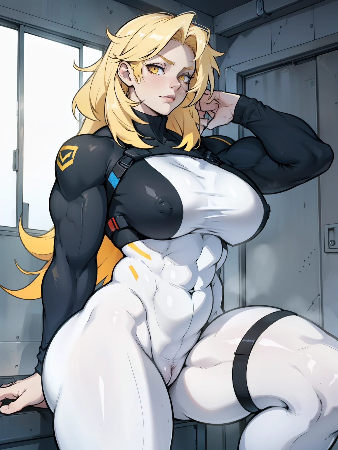 (1 girl muscular) yellow eyes large breasts pale skin skintight thick