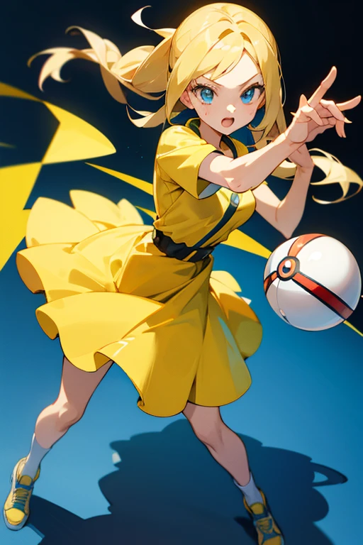 Manga artwork A girl Pokémon trainer in the Pokémon trainer outfit holding a pokeball. She has blonde mid length hair and blue eyes wear a yellow dress. Doing a Pokémon trainer pose 