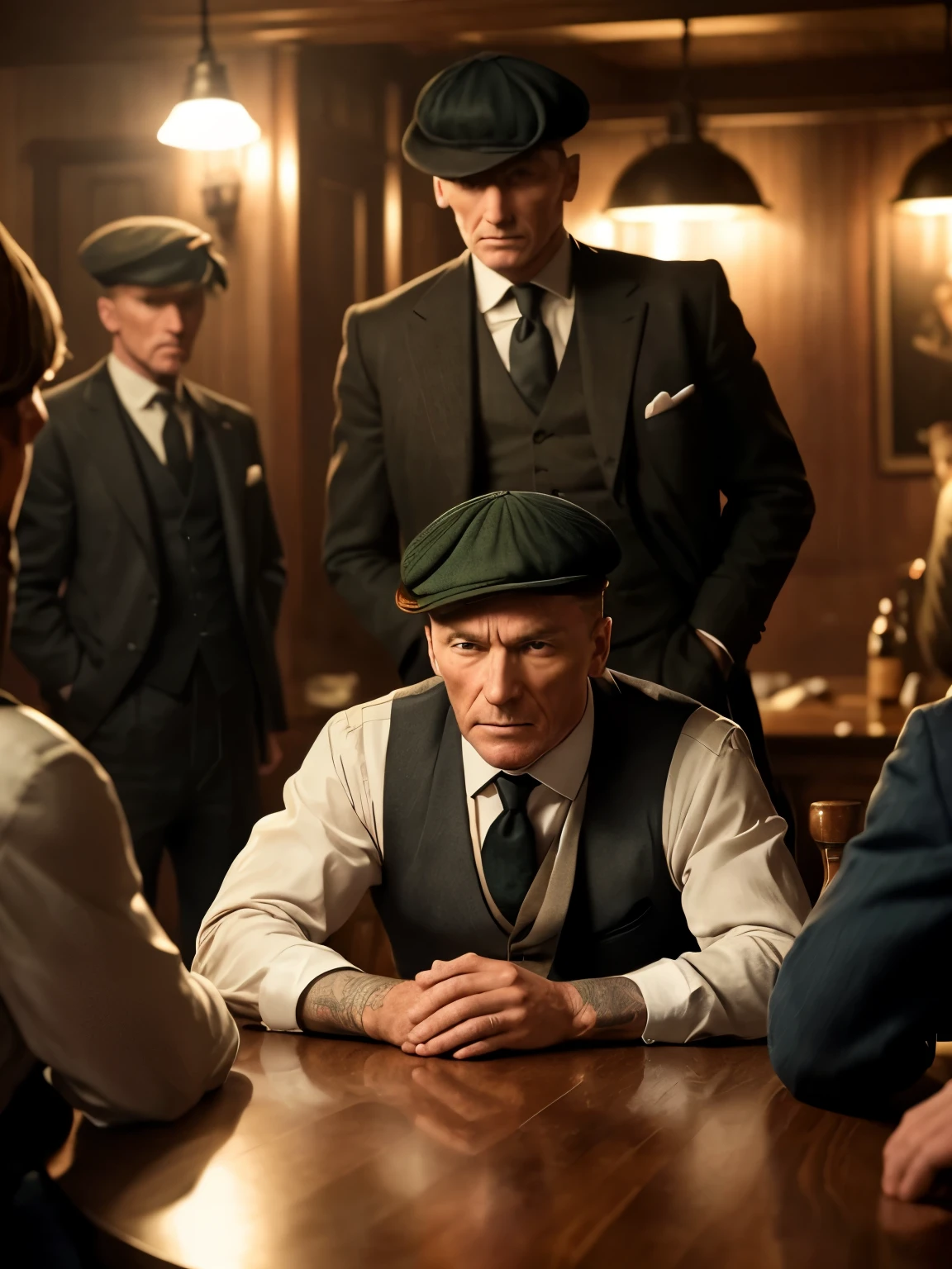 An ultra-realistic photograph captured with a Sony α7 III camera, equipped with an 85mm lens at F 1.2 aperture setting. A photorealistic image of a tense negotiation between the Peaky Blinders and a rival gang. The scene takes place in a dimly lit smoky backroom of a Birmingham pub. Both sides are seated at a scarred wooden table, weapons subtly displayed. Masterpiece. Award-winning photography.  Perfect faces. Highly detailed faces.