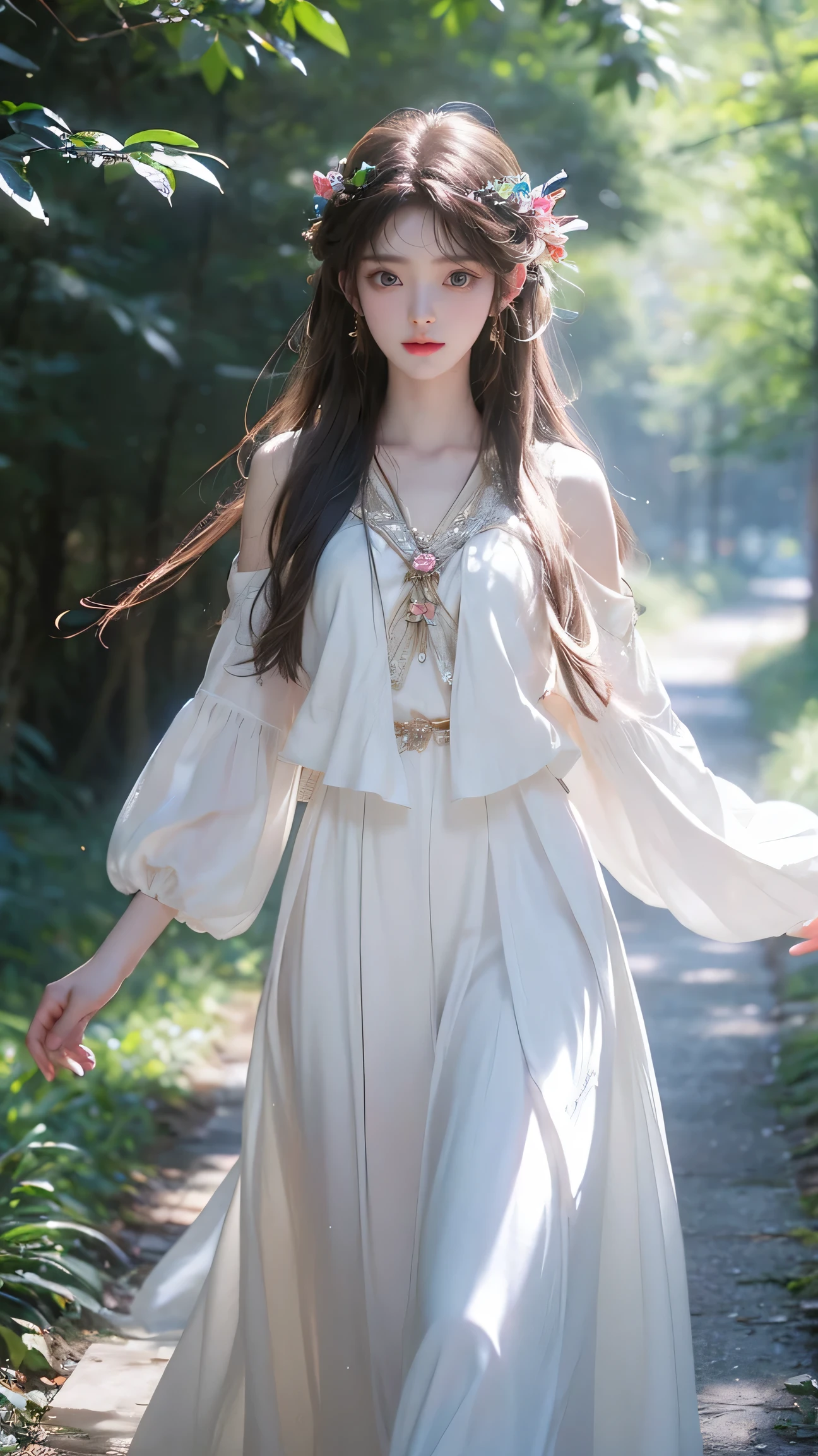 girl with、Walk among fairies dressed in bright white clothes and wearing beautiful reality、Ultra-detailed and precise、high-level image quality、Masterpeace、Best Quality、ultra -detail、blue eyess、