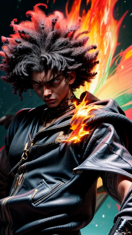 a close up of a person with a black face, Afro American man, black twisted Afro, black hair, muscular, God, Face resembling Rhea Ripley, warrior energy, black long sleeve shirt with silver embroidered typography on sleeve, Crimson Red Flame Aura, Glowing Nebular Diamond link chain draped around neck, anime art wallpaper 4 k, high resolution, beast form,anime art, black man, glowing eyes, muscular,badass anime 8 k, anime epic artwork, 4 k manga wallpaper, ultra hd anime wallpaper