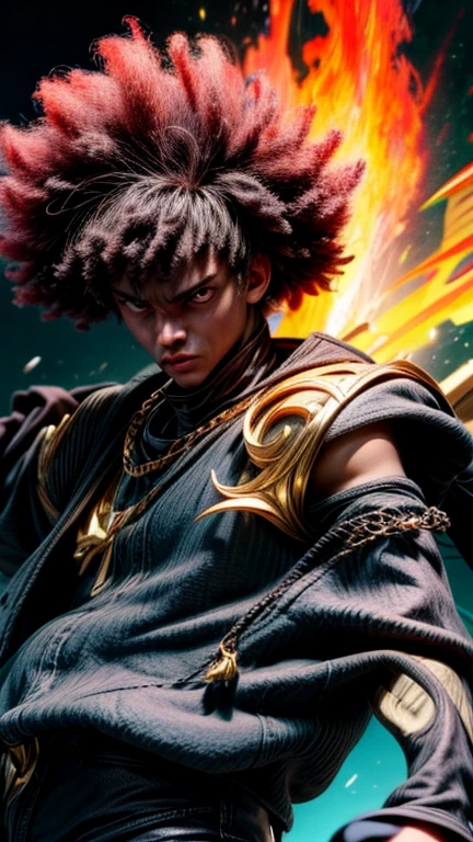 a close up of a person with a black face, Afro American man, black twisted Afro, black hair, muscular, God, Face resembling Rhea Ripley, warrior energy, black long sleeve shirt with silver embroidered typography on sleeve, Crimson Red Flame Aura, Glowing Nebular Diamond link chain draped around neck, anime art wallpaper 4 k, high resolution, beast form,anime art, black man, glowing eyes, muscular,badass anime 8 k, anime epic artwork, 4 k manga wallpaper, ultra hd anime wallpaper