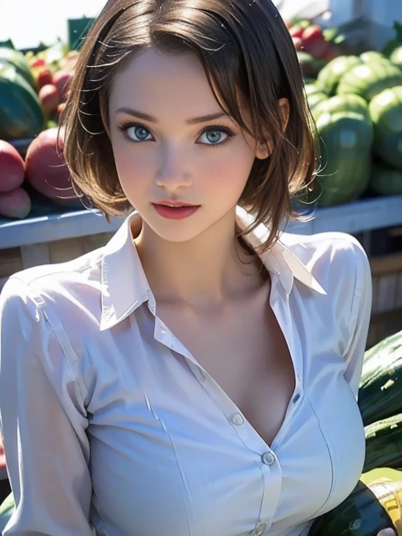 (best quality, 8k, highres, photorealistic:2.0), (solo, one girl:2.0),(photo taken using flash:1.9),(brighten the subject:1.8),(ultimate beautiful girl:2.0),(shiny skin),(oily skin),(blonde girl:1.5),(short hairstyle:1.5),(cool beauty:2.0),Blush brown makeup , dark eye makeup , use pink glossy lipstick,(big beady eyes girl:1.5),(droopy-eyes girl:1.5),(blue eyes:1.5),(thin girl:1.5),(baby face girl),(sex appeal),(sweet smelling girl),(Photographed at a greengrocer:1.8),(A girl who works part-time at a greengrocer:1.3),(she works for low wages:1.5),(kind-hearted woman:1.5),(she has a nice smile:1.3),(woman with a happy look:1.3),(she is very sociable),(from a very poor family:1.5),(virgin girl),(She is a secret pervert.),(she covertly lewd),(she looks so erotic),(Preserve virginity for devout Christians),chuuChloe,(Breast cleavage emphasis),(A woman with very soft breasts),(woman fantasizing about sex),(allurement),(bewitching pose),(I love masturbating),(impressive eyes),(clean open collar shirt),(holding a cucumber)