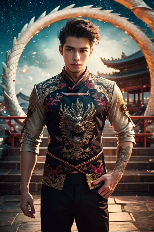 Handsome young man, 25 years old, Asia, Master's work, Best picture quality, higher quality, Highly detailed, Ultra high resolution, 8k resolution, delicate facial features, boy, Big muscles, tattoo, glowing eyes, short hair, hair details, [[Turn away, look to the side, Focus on homosexuality and pay attention to every detail. , Open Hanfu Sheer Gauze Jacket, White rubber pants, nighttime, starry sky, flying flowers. waterfall, mountain, dragon circle, Chinese patio background (((((Convex crotch)))))