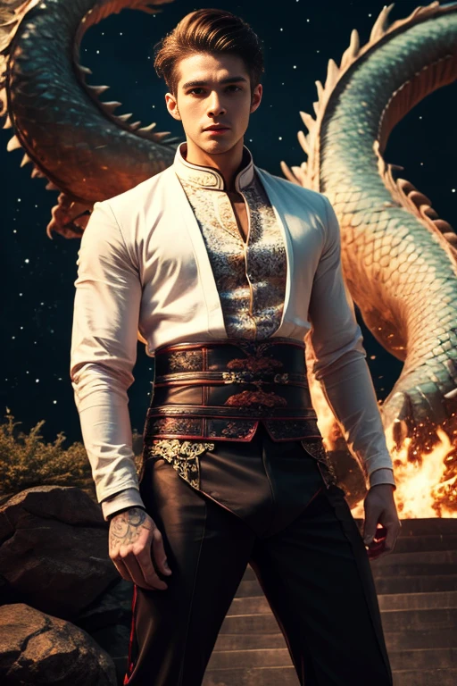 Handsome young man, 25 years old, Asia, Master&#39;s work, Best picture quality, higher quality, Highly detailed, Ultra high resolution, 8k resolution, delicate facial features, boy, Big muscles, tattoo, glowing eyes, short hair, hair details, [[Turn away, look to the side, Focus on homosexuality and pay attention to every detail. , Open Hanfu Sheer Gauze Jacket, White rubber pants, nighttime, starry sky, flying flowers. waterfall, mountain, dragon circle, Chinese patio background (((((Convex crotch)))))