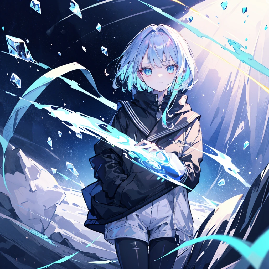 ((top-quality)), ((​masterpiece)), ((ultra-detailliert)), (extremely delicate and beautiful), girl with, solo, cold attitude,((Black jacket)),She is very(relax)with the(Settled down)Looks,A dark-haired, depth of fields,evil smile,Bubble, under the water, Air bubble,bright light blue eyes,Inner color with light blue hair and light blue tips,Cold background,Bob Hair - Linear Art, shortpants、knee high socks、White uniform like 、Light blue ribbon ties、Clothes are sheer、Hands in pockets、Bright eyes like sapphires,flourescent blue, There was a little blue light floating around、Upper eyes、wait a minute, time