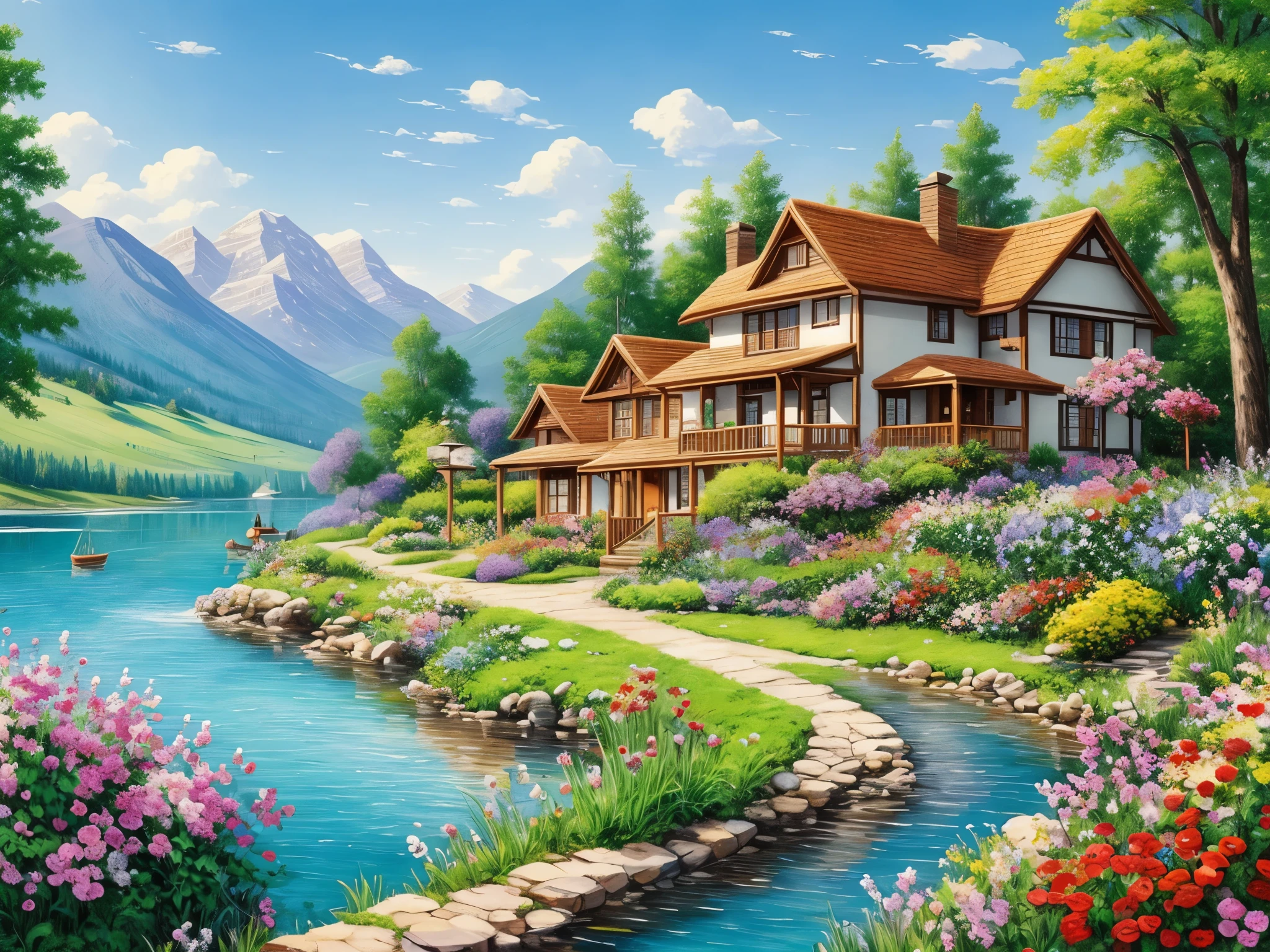 painting of a cottage, flowers beside of fence, fence along the road,  mountain landscape with a lake and a boat, birds flying in the blue sky, illustration matte painting,  inspired by Thomas Kinkade, symmetric matte painting, detailed scenery , style raw, 8 k ultra detailed