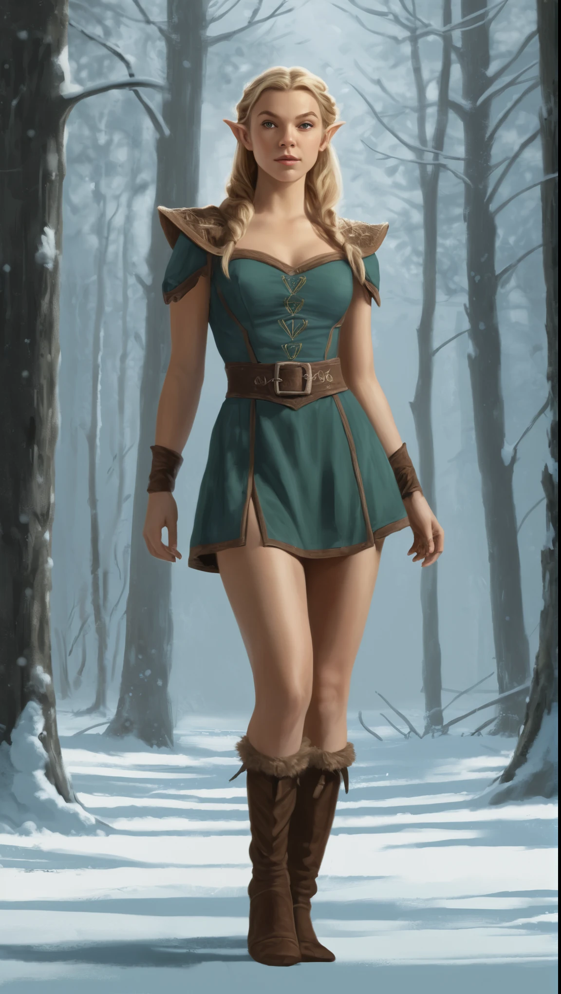 An illustrated movie poster, hand-drawn, full color, a age elven girl, wearing corduroy mini-dress, resembles Natalie Dormer, sun-tanned complexion, very tall, athletic body, hourglass figure, curvy, toned midriff, bottom-heavy, generous hips, massive bubble-butt, long legs, ridiculously thick powerful thighs, long pointy elf ears, blonde hair, long loose waves, posing in a snowy boreal forest, hard shadows, graphite shading, stencil marks, airbrushed acrylic paint, masterpiece, in the style of Skyrim