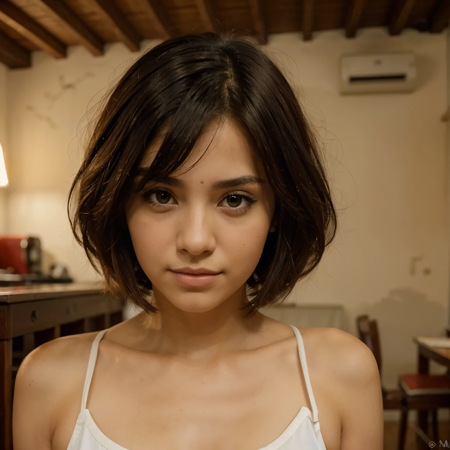 Retrato, pelo corto,pelo ondulado, ojos achinados, 1 chica de piel morena