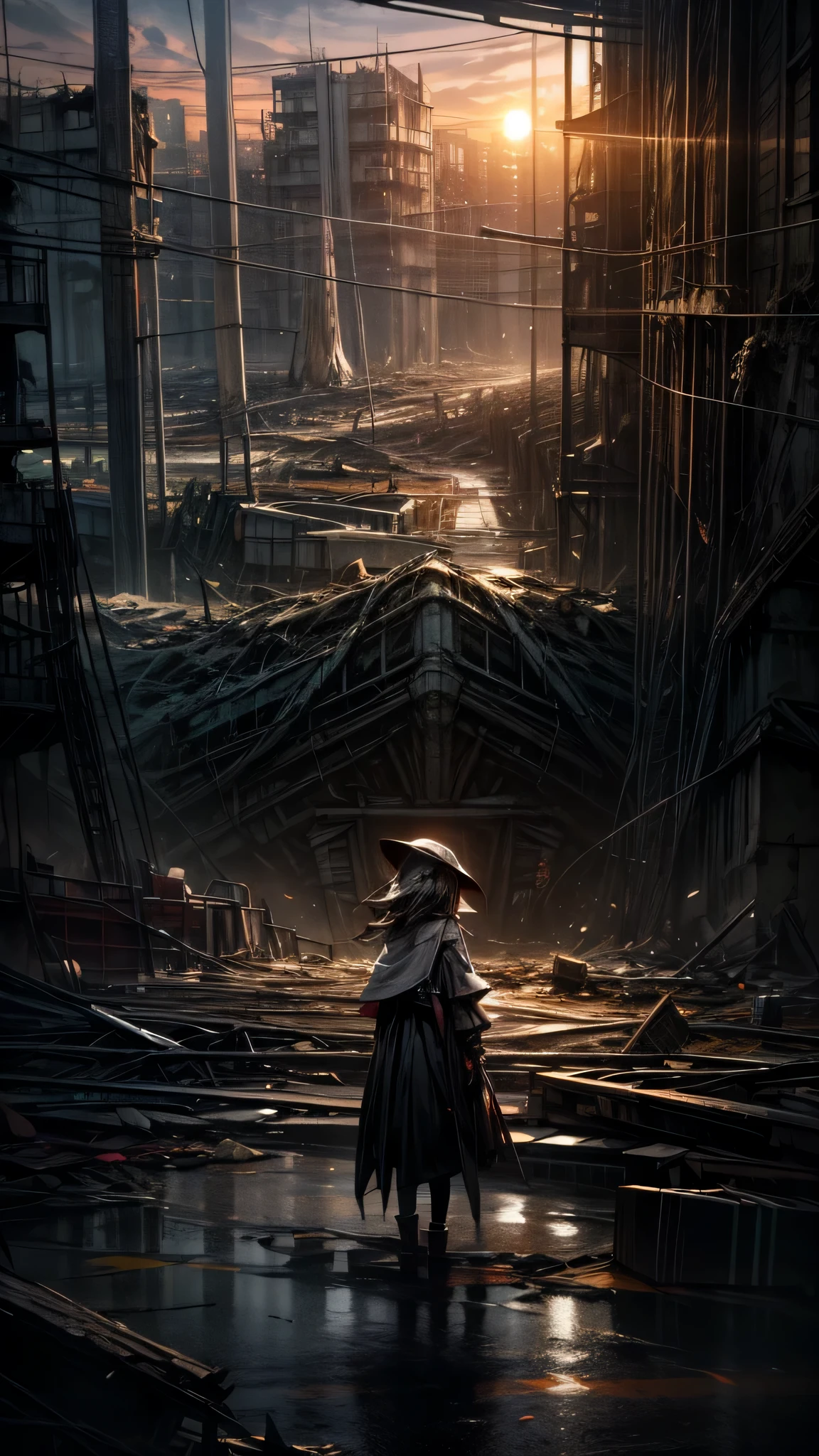 (paisagem de campo todo, super detalhado, melhor qualidade), the sunset illuminating a dystopian city, totally destroyed, ((below appears a girl looking at all the destruction of the coast:1)), aesthetic, (aesthetic dark), liminal space, (psychological terror), ((luz saturada:0.8)), pixiv