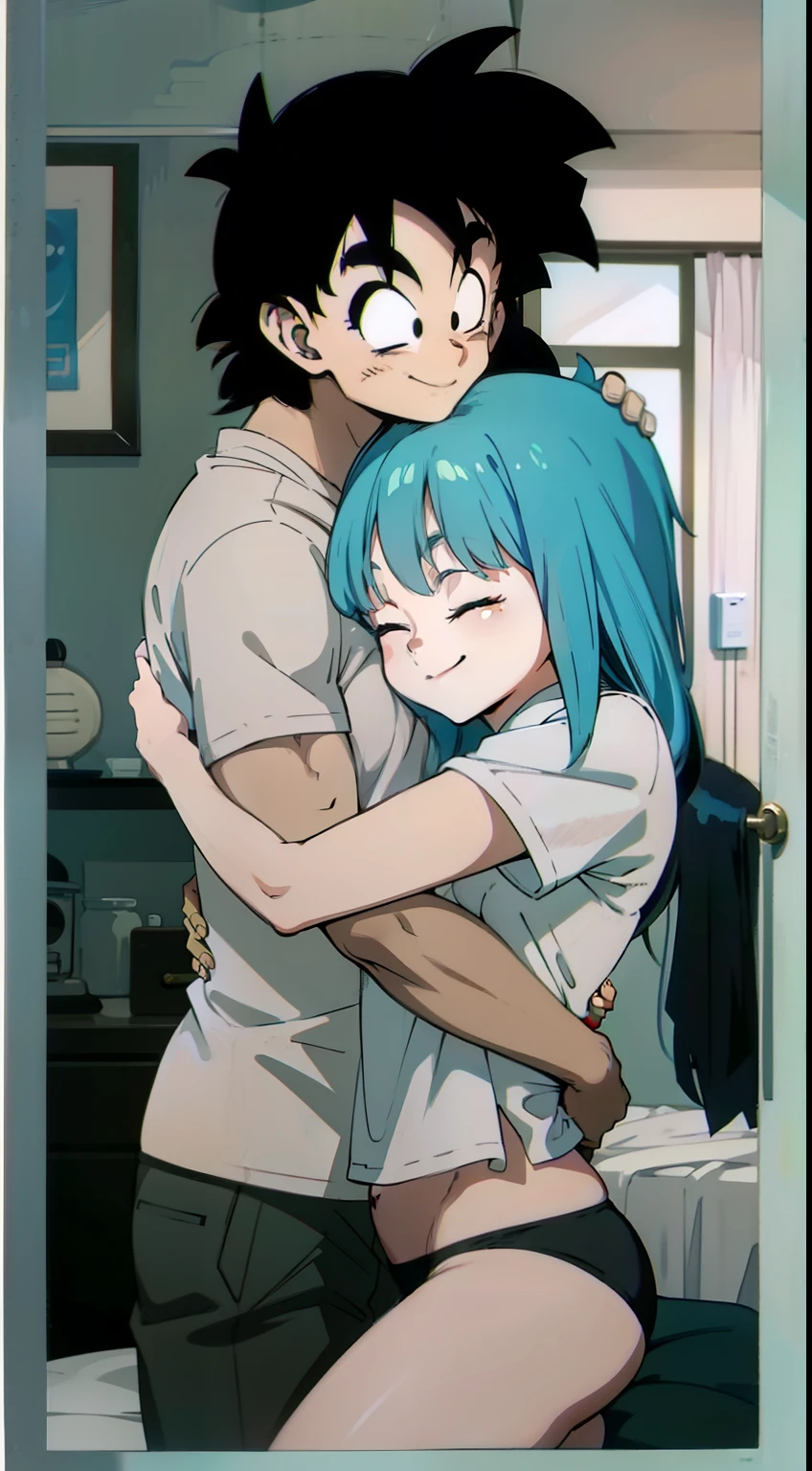 Man hugging beautiful girl with closed eyes and smiling, arte estilo Dragon Ball, corpo perfeito, panties, sorriso 